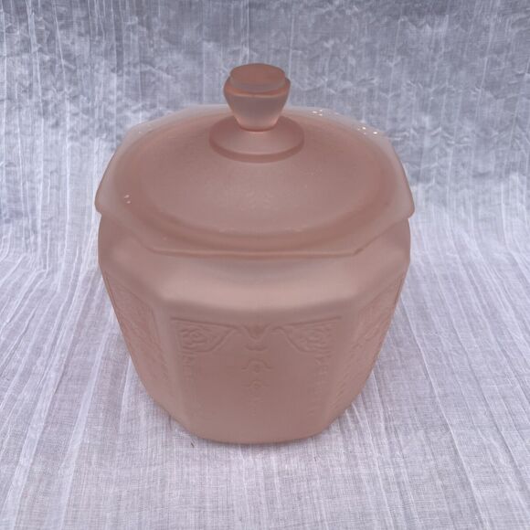 Vintage Pink Satin Depression Glass Frosted Princess Cookie Biscuit Jar With Lid - Picture 3 of 13
